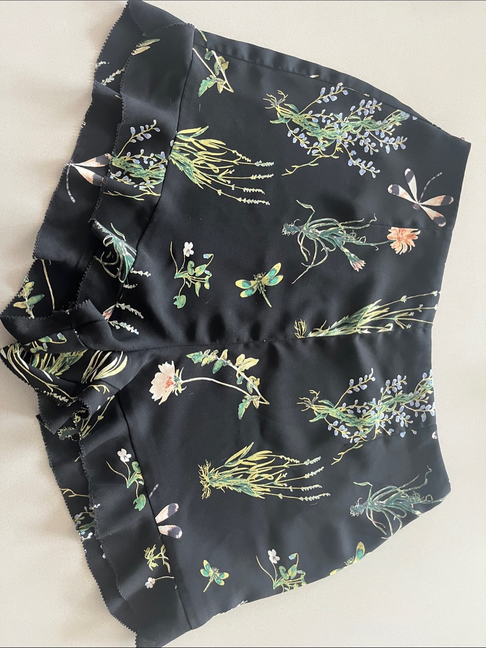 Aritzia Black Floral High-Waist Shorts with Green and Yellow Botanical Print